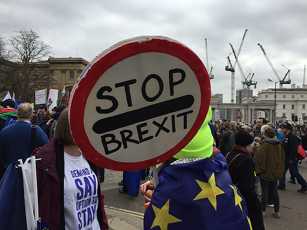 Menschen mit Schild Stop Brexit