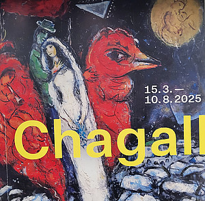 Bildausschnitt eine Werkes von Marc Chagall mit dem roten Hahn als Logo der Ausstellung