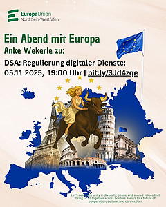 Logo mit Europakontinent in blau und euroäpisch wichtigen Gebäuden mit Stier und der Europa aus der griechischen Mythologie im Vordergrund